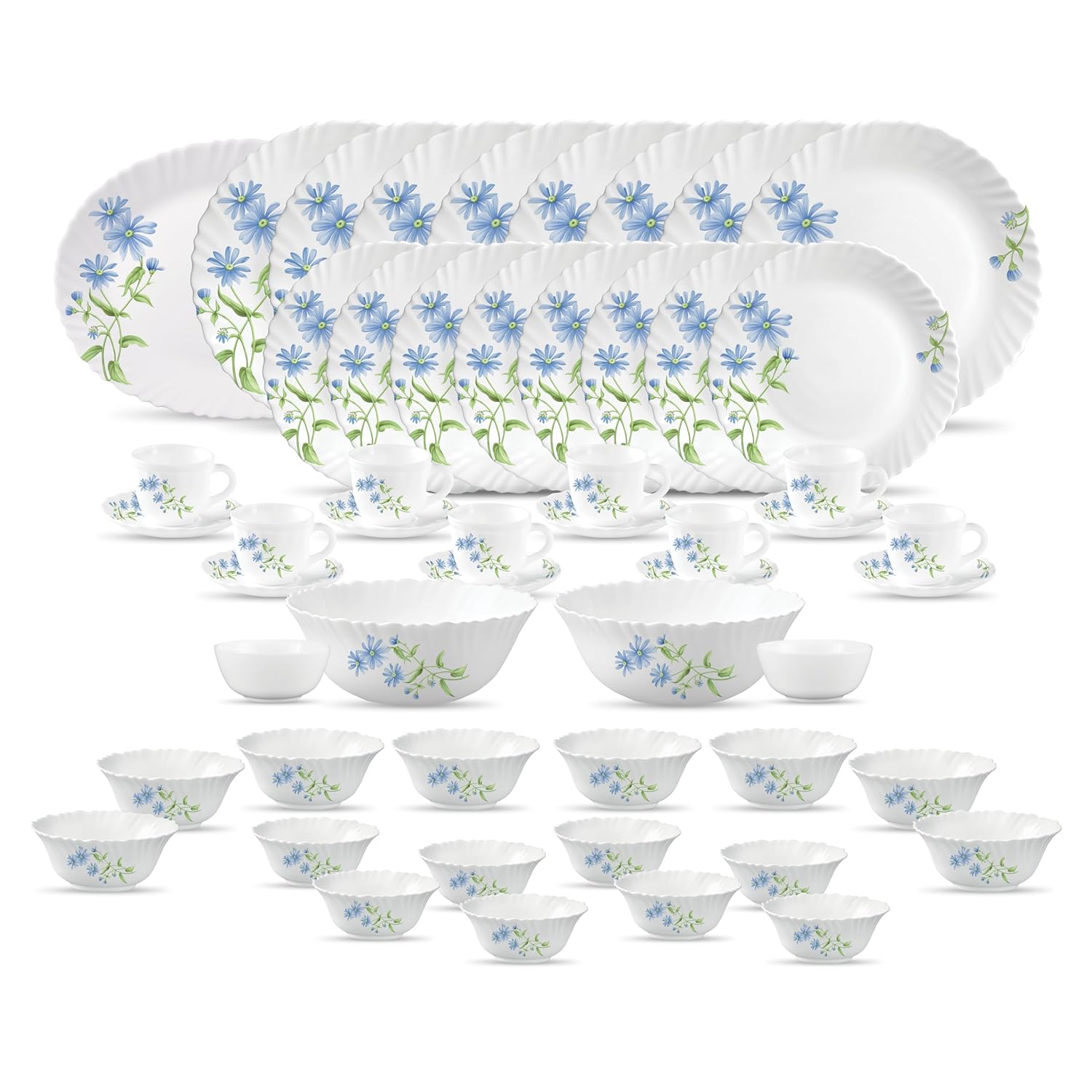 La Opala Diva Classique Collection Opal Glass Crockery | for Family of 8 | Dinner Set 53 pcs Blue Daisy | Plates, Bowls & Cups for Dining | Microwave Safe | 100% Vegetarian | Extra Strong | White