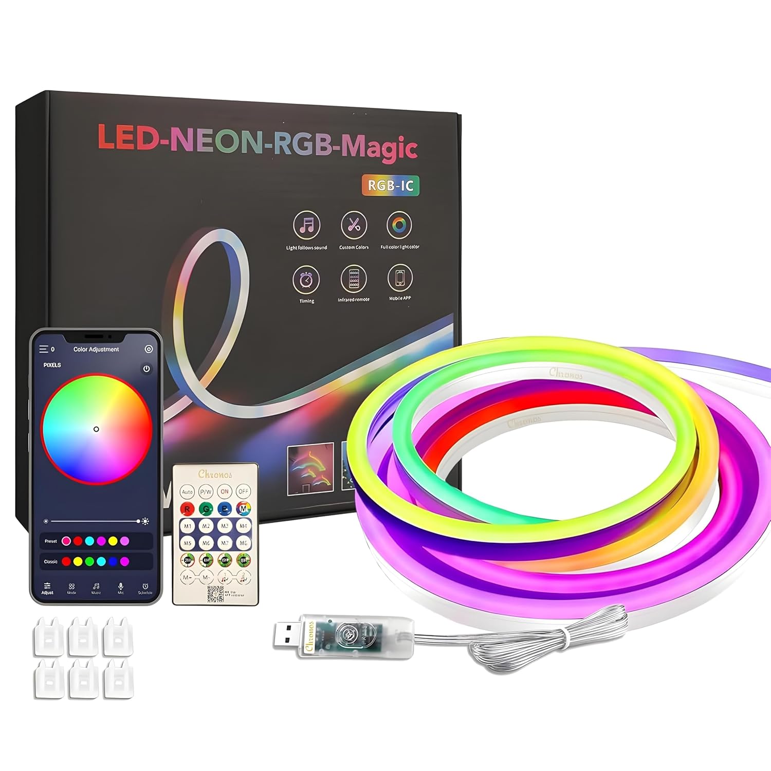PIXEL SYNC Smart RGBIC Neon Strip 5m, IP65 Flexible & Foldable, Music Modes, Remote & App Control, Built-in Mic, Timer, Dynamic Modes, USB Powered for Adapter, TV, Power Bank (RGBIC NEON)