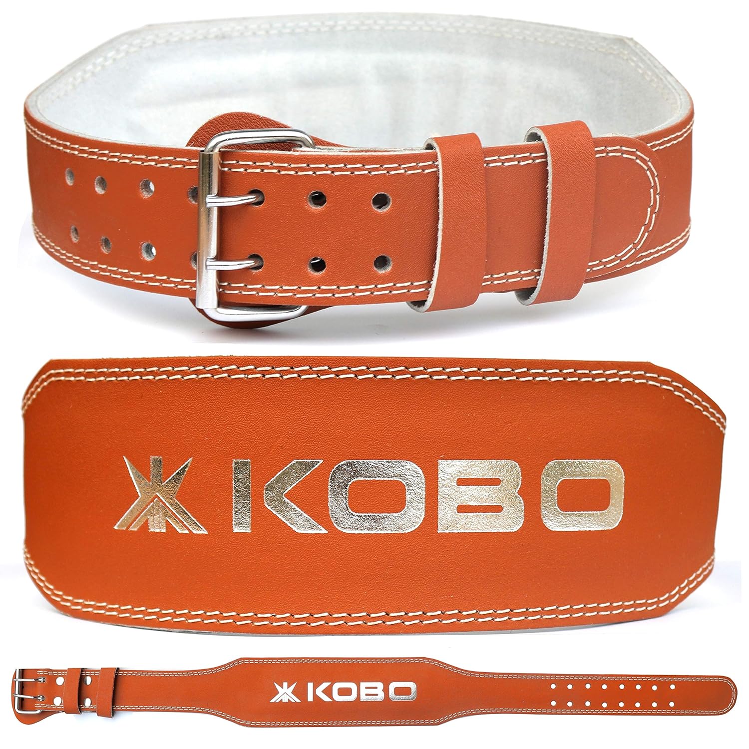 Kobo Weight Lifting Belt Gym Fitness, Natural Genuine Leather 4” Padded Back Support, 8 Adjustable Holes, Weightlifting Powerlifting Bodybuilding Deadlift Squat Workout Strength Training, Men Women