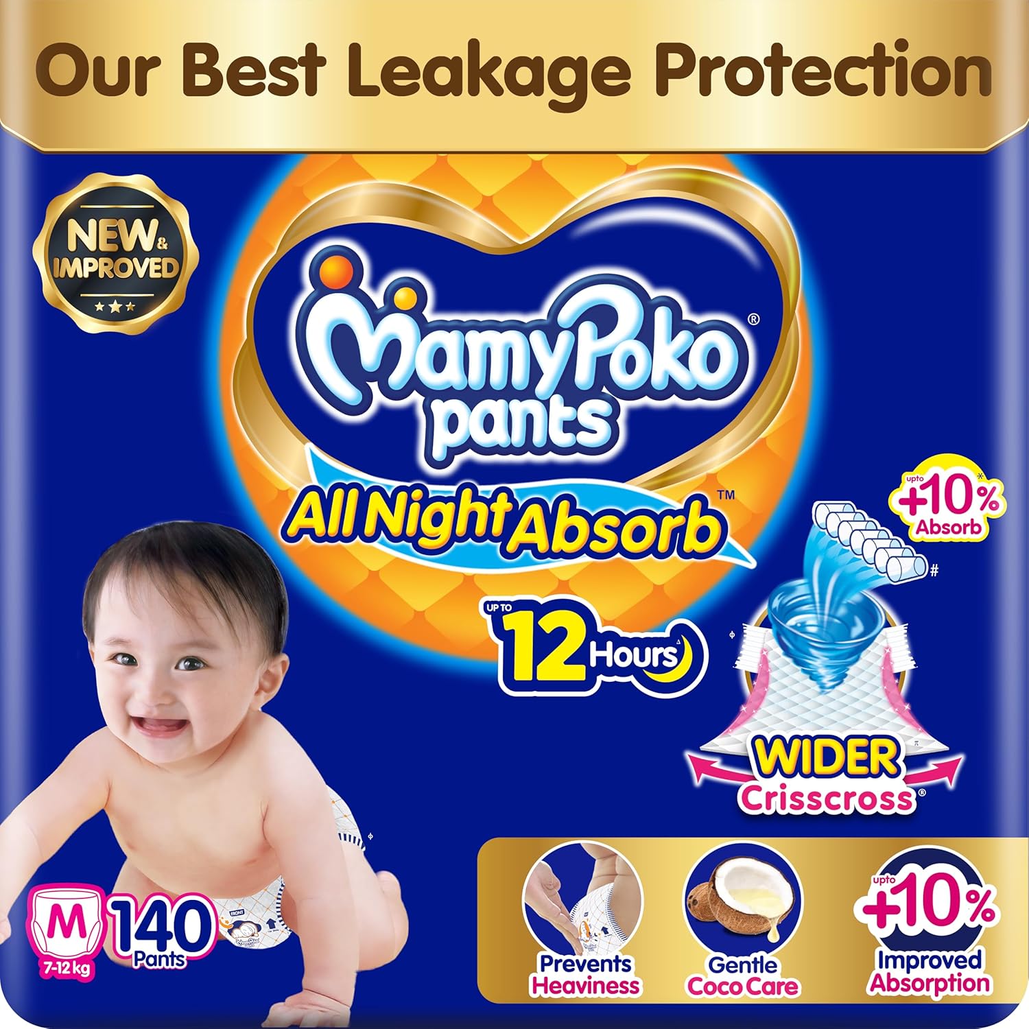Mamypoko pants All night absorb| Pant Style Baby Diapers Medium Size(M), 140 Count, (70*2)vIdeal for 7-12Kgs|1 Diaper= Upto All night Absorption|Wider Crisscross Sheet|Gentle Coco Care| 12hr Leakage Protection| Prevents Heaviness.