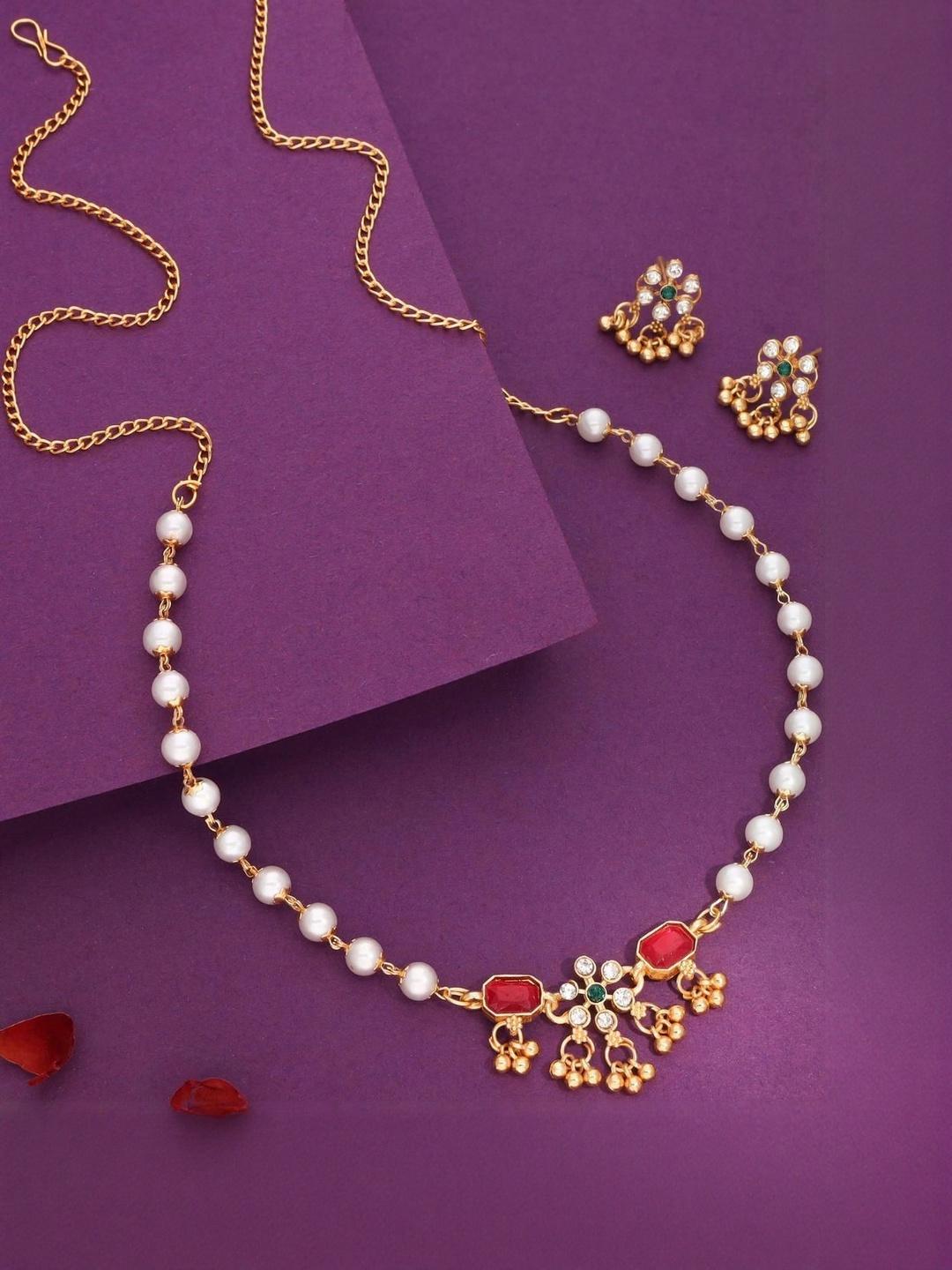 Anouk Gold Plated Floral Design Pearl Chain Necklace set with Earring for Women & girl