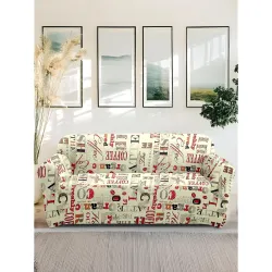 Amazon Brand - Solimo Polyester Streachable Retro Printed Alphabet Sofa Cover (Two Seater Sofa Cover,Beige)