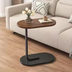 C-Shaped Side Table for Sofa & Bed | Wooden Modern Coffee Table for Living Room & Bedroom | Small C Table Slides Under Couch | Compact End Table for Snacks, Laptop, Decor (Oval)