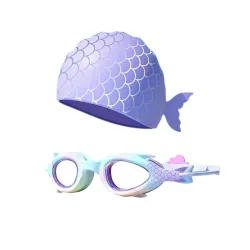 First Lens Kids Swimming Goggle Mermaid Designed with Fish Tail Cap for Boys & Girls | AntiFog | UV Protection | Durable | Age 3 to 8 - Purple