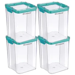 Floraware Food Safe Modular Plastic Square Airtight Containers, Stackable container, Storage Jar with Lid, Pack of 4, 1200ml, Blue