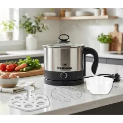 FRESHOME Electric Multipurpose Kettle 1.2L, 600W, with Stainless Steel Body, Egg Rack, Grill Rack, 3 Heating Modes & Rapid Boil Technology, Boiling Water, Tea, Coffee, Oats, Noodle, Soup (Silver)