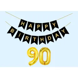 Mystic Toy Store 90th Happy Birthday Decoration Kit Black for 90 year Old Men Women Adults with Number Ninety Party Decorations Decor Celebration Items Item Set Combo Reusable Paper Banner