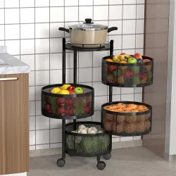 Kuber Industries Storage Rack | 4-Layer Round Multipurpose Storage Trolley with Wheels | Rotating Vegetable Kitchen Rack | Kitchen Cabinet Spice Rack | Metal Fruit Storage Rack | Black