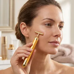 LAZYwindow 24K Gold Electric Vibration Facial Massager, T-Shape Sonic Beauty Bar for Skin Tightening, Anti-Aging, Wrinkle Reduction & Face Lifting, Gold