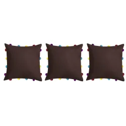 Lushomes Cushion Cover 14x14, Boho Cushion Covers, Sofa Pillow Cover, Cushion Covers with Tassels, Cushion Cover with pom pom (14x14 Inches, Set of 3,Brown)
