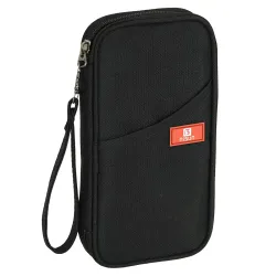 NISUN Nylon Passport Holder Wallet – Travel Document Organizer, Family Card Holder with Detachable Hand Strap (Black, 23 x 12 x 3 cm)
