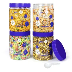 PEARLPET Blossom Jar Plastic Containers for Kitchen Storage | Plastic Container Set | BPA-Free, Stackable Jars | BLUE, 1500ml (Set of 4)