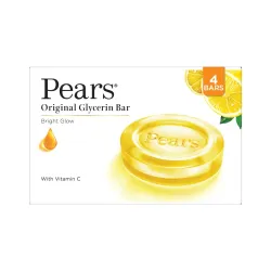 Pears Original Glycerin Soap Bar - Bright Glow | With 98% Pure Glycerin & Vitamin C | With Plant Based Cleanser for Skin & Body | Paraben-free | 125gms x 4