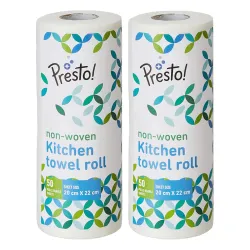 Amazon Brand - Presto! Non-Woven Reusable Kitchen Towel Roll | 50 Pulls | 100 Sheets (Pack of 2) | Size: 20 x 22 cm | White | Washable | Highly Absorbent | For Daily Use