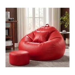 Sattva Classic 3XL Bean Bag Chair with Beans Filled | Sofa Style Faux Leather Beanbags with Footstool & Cushion | Comfortable Bin Bags Sofa for Adults & Teens, Living Room & Office | Red