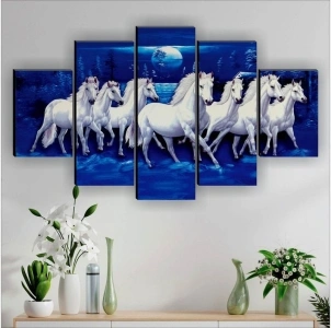 SAF Seven running horses UV Textured Wall Painting for Home decorative Digital Reprint 18 inch x 30 inch Painting (Without Frame, Pack of 5)