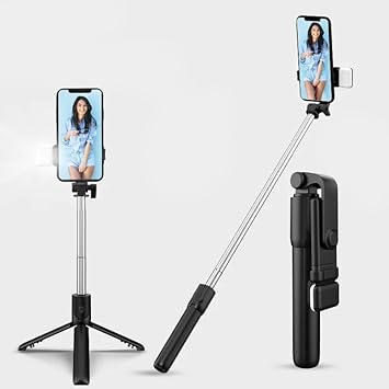 R1S Selfie Stick Tripod with LED Light | Bluetooth Remote 74cm Extendable Selfie Stick with 360 Degree | Rotation Phone Holder | Portable Selfie Stick Stand for Smartphone, Vlogging & Video