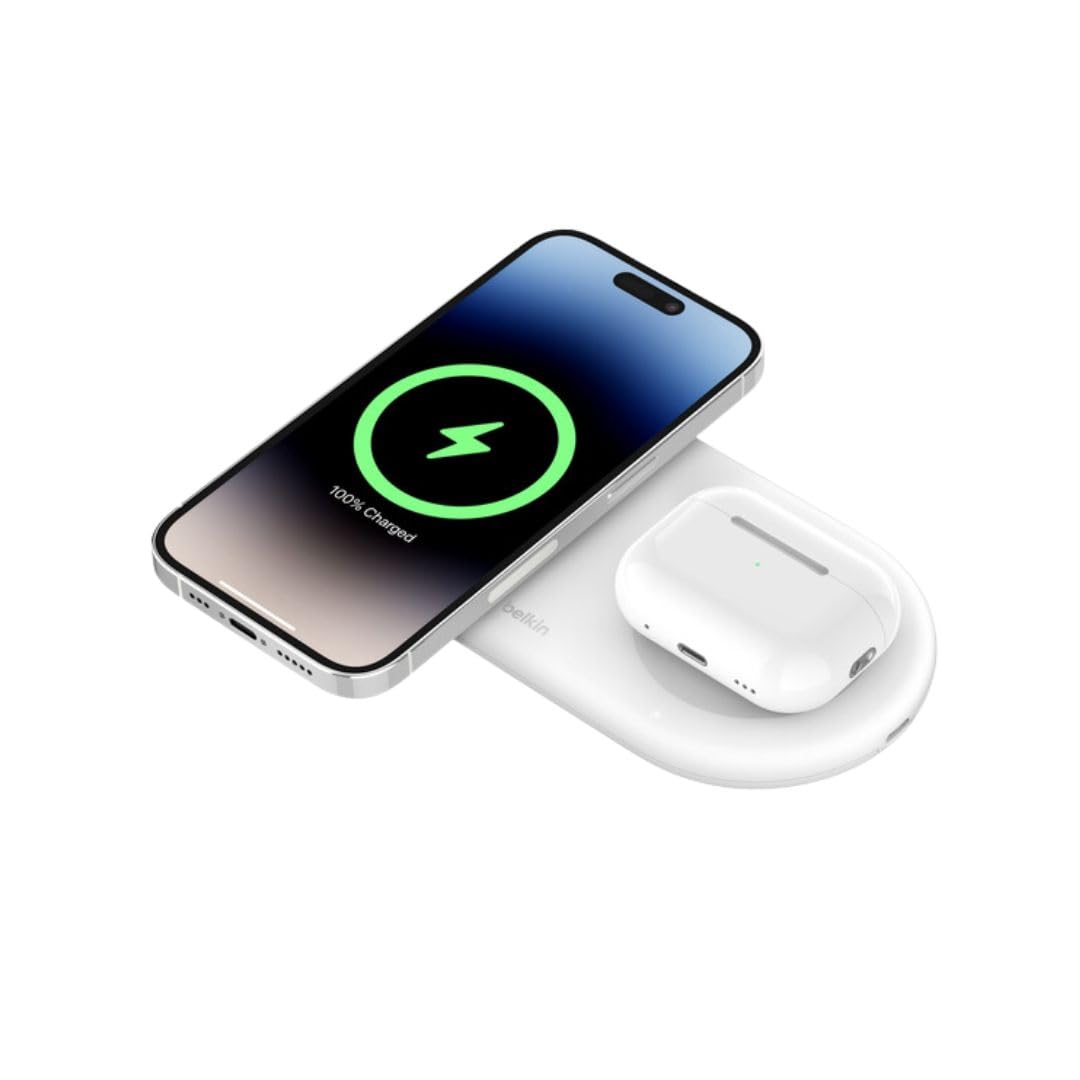 Belkin Magsafe 2-in-1 Wireless Charging Pad Qi2 15W| Additional USB-C Port | Fast Charging Station for iPhone 16, 15, & 14 Series, AirPods, and More | White