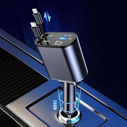 Vats Retractable Car Charger, 100W 4 in 1 Super Fast Charge Car Phone Charger, Retractable Cables (31.5 Inch) and 2 USB Ports Car Adapter for C Type & Lightning