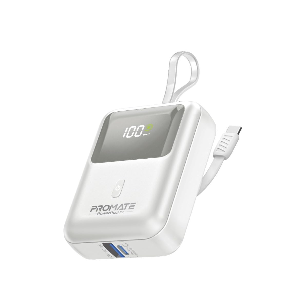 Promate Power Bank 10000mAh, Ultra-Compact Portable Charger with Built-in 35W USB-C™ Cable, 35W PD Type-C Port and 18W USB-A QC 3.0 Port Power Bank for iPhone and Android, PowerPods-10, White