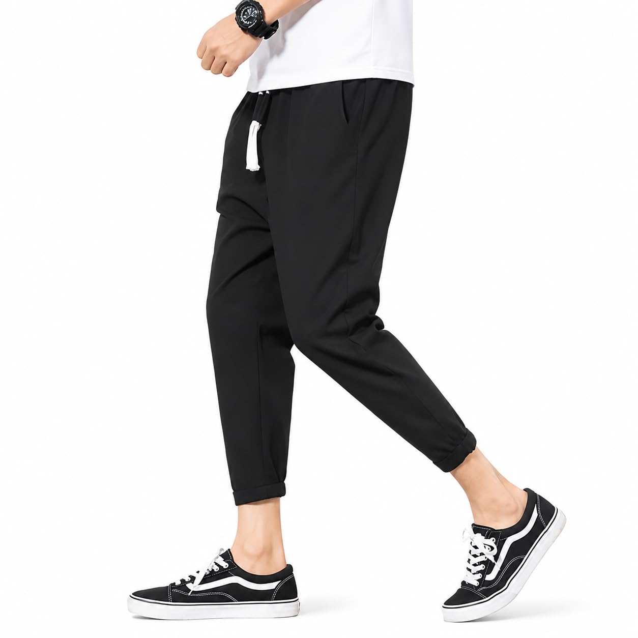 Men's Black Casual Jogger Trousers, Slim Fit Ankle-Length Pants with Drawstring Waist