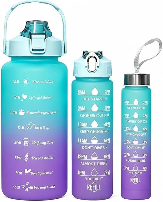 Toy Imagine Plastic Motivational Water Bottle Set of 3 Bottles(2L+900ml+300ml)with Time & Capacity Marker Leakproof BPA-Free Bottles with Straw, Sipper Cap & Sticker for Gym, Office & Daily Hydration