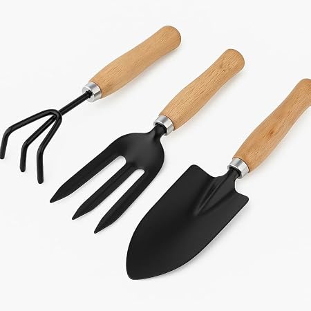 PLANETXERO 3-Piece Gardening Tools Kit for Home (Wooden Handle Cultivator,Fork, Small Trowel) Stainless Steel Garden Set, Farming Tool for Indoor Outdoor Agriculture Use (GTK)