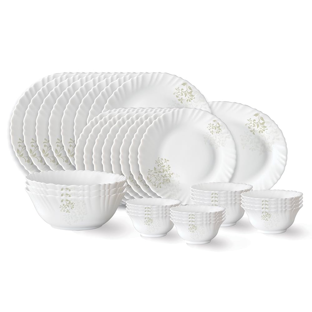 Larah by Borosil Ingot Fluted Series Opalware Dinner Set | 36 Pieces for Family of 8 | Microwave & Dishwasher Safe | Bone-Ash Free | Crockery Set for Dining & Gifting | Plates & Bowls | White