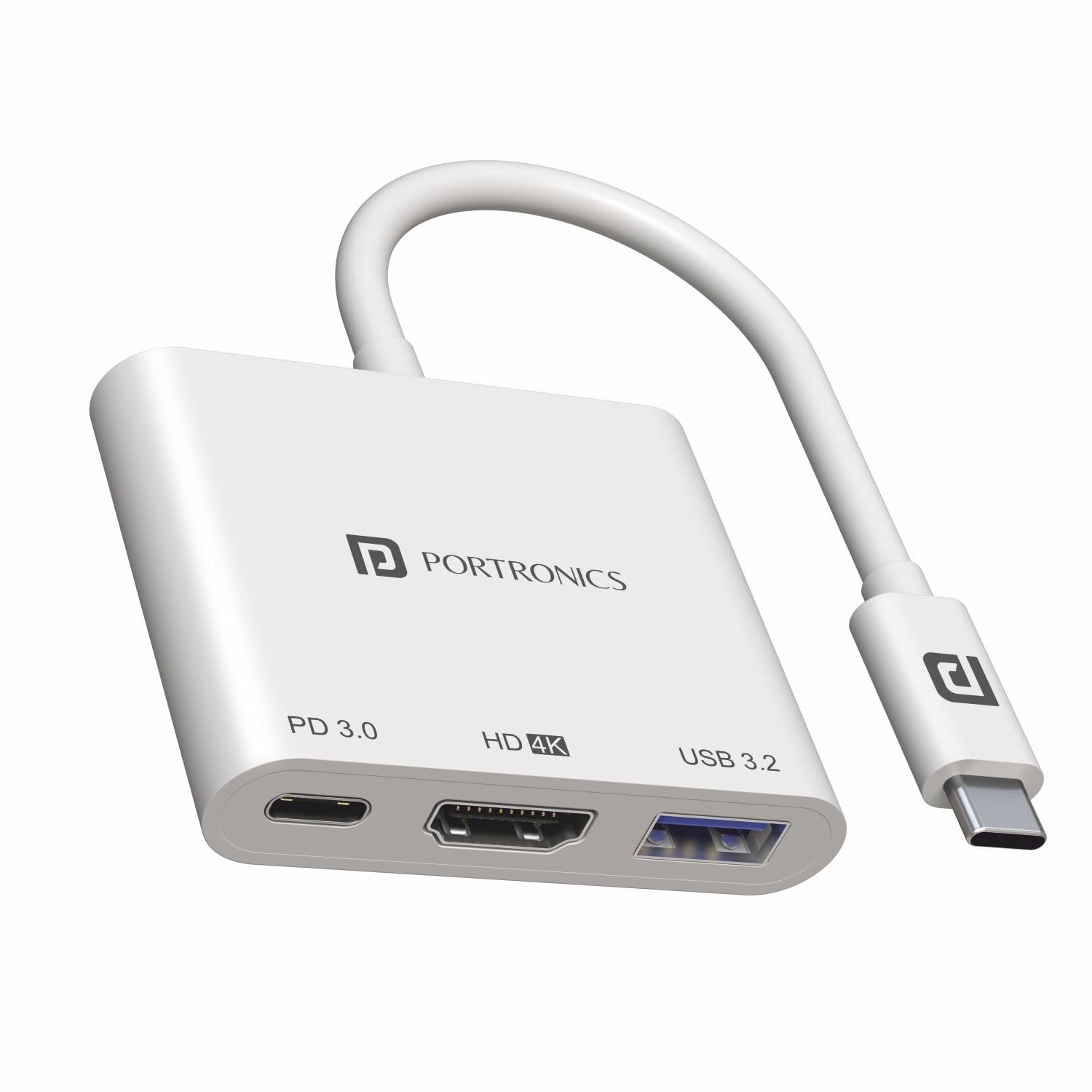 Portronics C-Konnect Type C to HDMI Adapter (3-in-1), Multiport USB C Hub with 4K@30Hz, USB 3.0 @ 5Gbps, 100 W PD Charging Port for Laptop, MacBook, PC and Other Type C Devices (White)