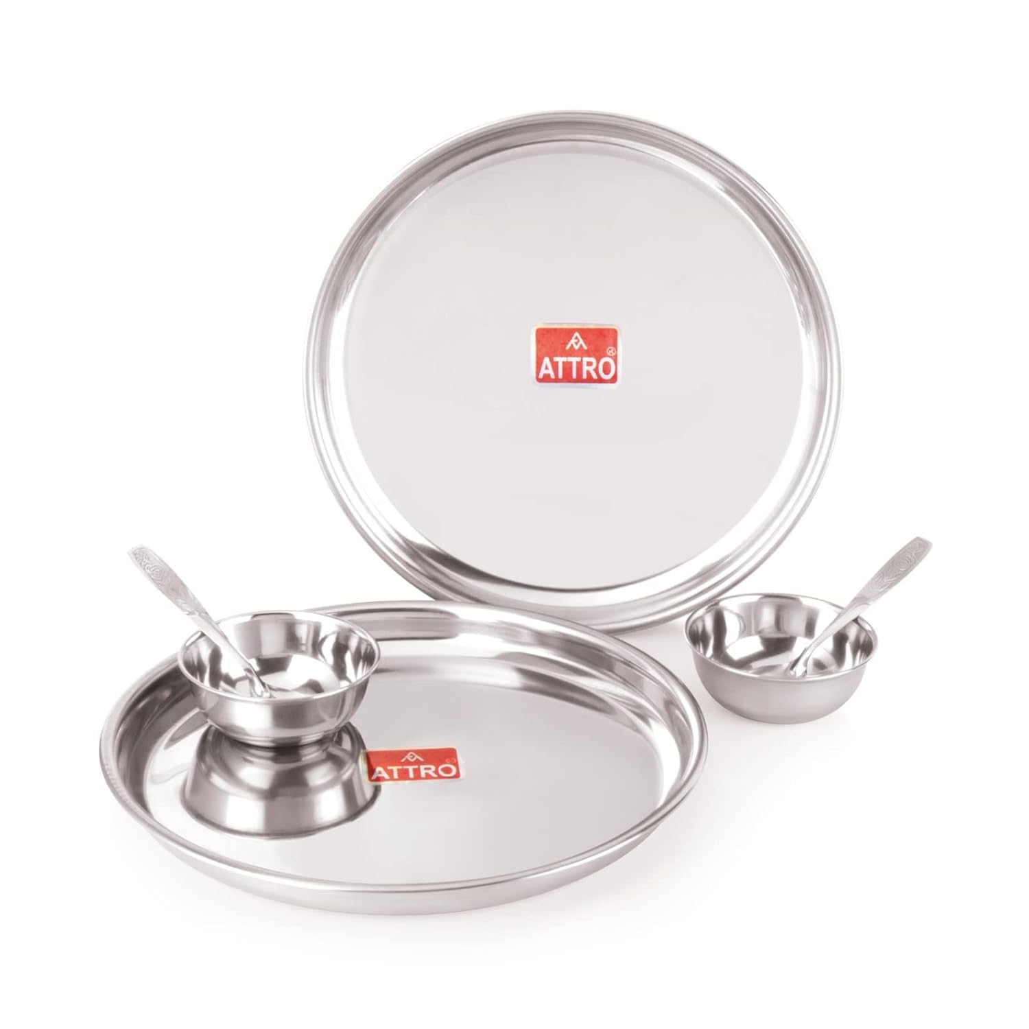 Attro 6 Pieces Dazzle Series Stainless Steel Dinnerware/Dinner Set - 2 Thali, 2 Bowl, 2 Spoon, Food Grade Quality Kitchen Set Use for Home, Restaurants & Outdoor - Silver,Solid
