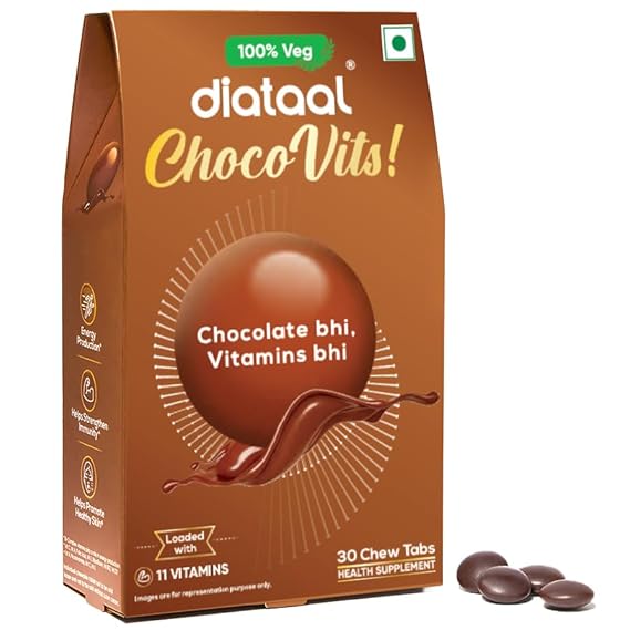 Diataal ChocoVits Veg, Chewable Multivitamin | 30 Chocolaty Tabs with 11 Essential Vitamins | Power of B-complex vitamins, B12, D3, Nicotinamide, Vitamin A, C & E for Energy | Immunity | Healthy Skin.
