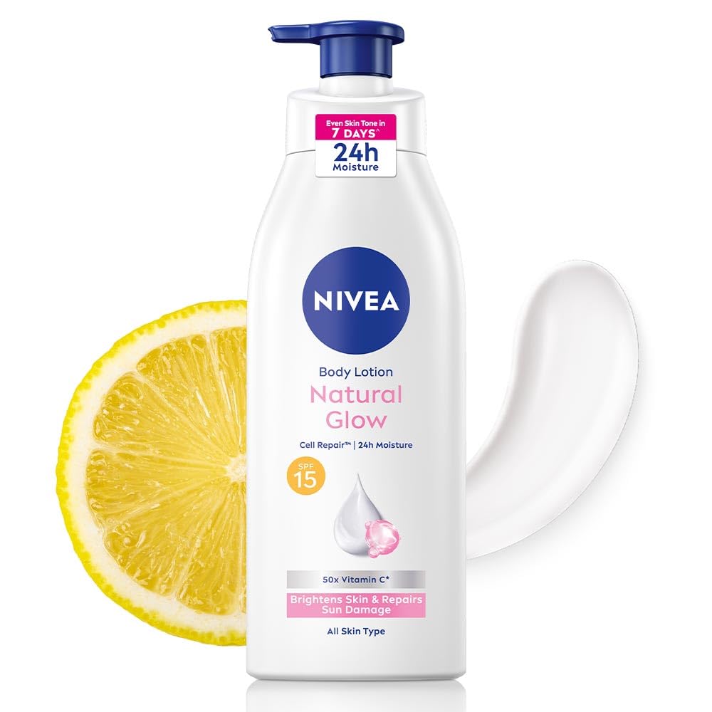 NIVEA Body Lotion Natural Glow,Cell Repair With Uva/Uvb Filters And Spf 15|50X Vitamin C For Even Skin Tone|Light Moisturising, Non-Greasy Formula With Cooling Sensation|Glowing Skin For Unisex|400 Ml