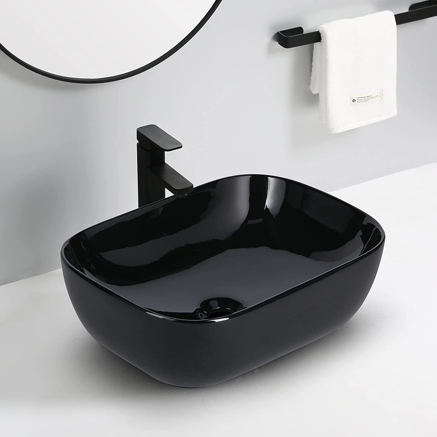 REMOTION Ceramic Table Top Bathroom Sink | Countertop Vessel Sink | Wash Basin Over Counter For Bathroom, Hotel, Living Room (18 x 13 x 5.5 Inch)(Black Marble-Glossy)
