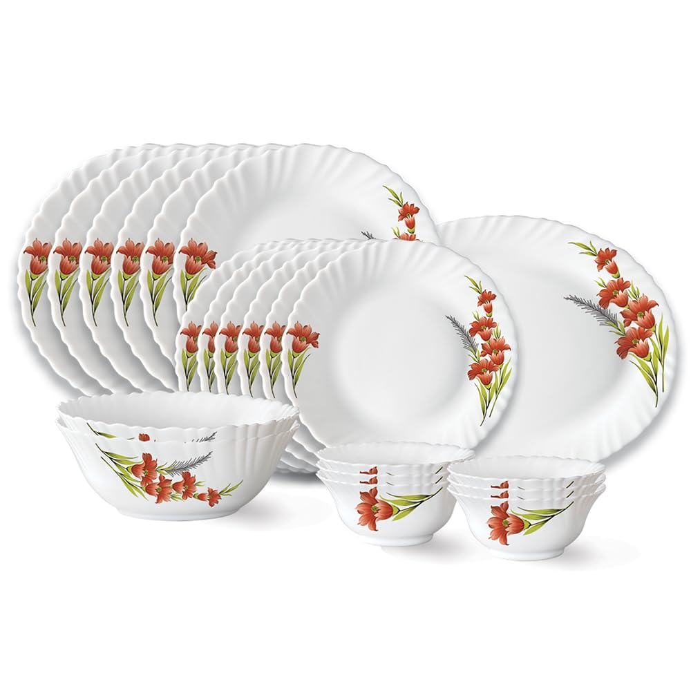 Larah by Borosil Red Iris Fluted Series Opalware Dinner Set | 21 Pieces for Family of 6 | Microwave & Dishwasher Safe | Bone-Ash Free | Crockery Set for Dining & Gifting | Plates & Bowls | White