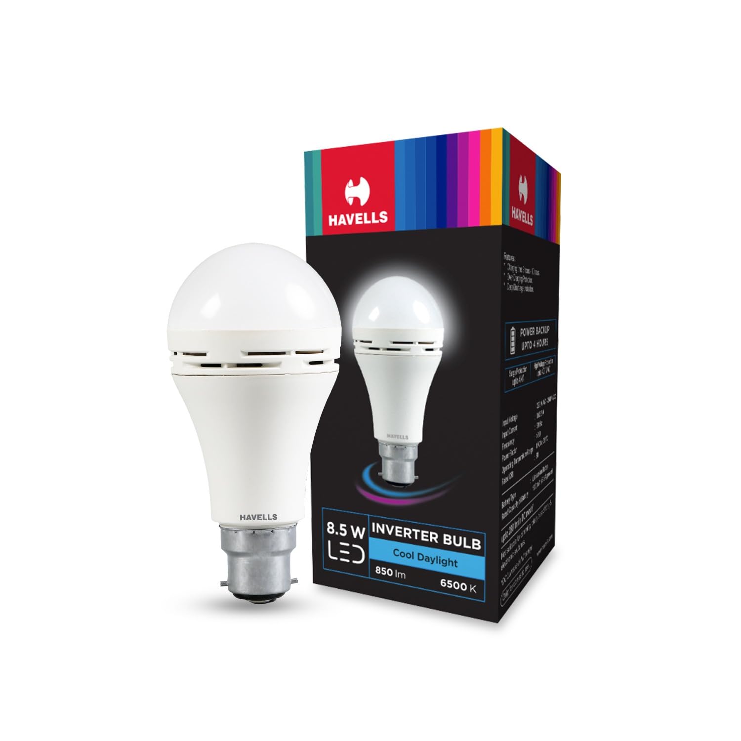 HAVELLS 8.5w LED Emergency Bulb Shatter Resistant Cool Day White (6500K) B22 LED Bulb Base Inverter Bulb for home,3 Hours battery back up Li-ion Battery Over charging Protection