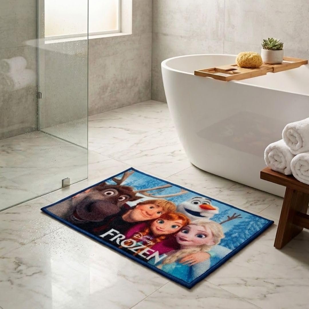 Athom Living Disney Frozen Characters Digital Printed Themed Multi Colored Kids Premium Nylon Bathmat, with Latex Backing, Anti-Skid Bathmat, 37 x 57 cm, Pack of 1