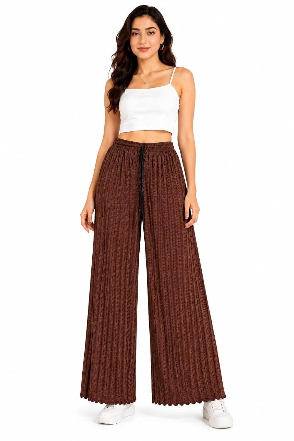 Women's Textured Wide Leg Pants, Brown, Elastic Waist with Drawstring, Casual Style