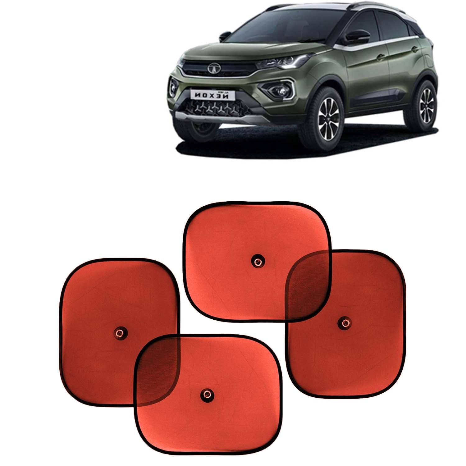 KINGSWAY Car Window Curtain Sticky Sun Shades Compatible with Tata Nexon, (Year 2020-2023), Universal Fit Sunshades for Side Window, Rear Window, Red Color, 4 Pieces