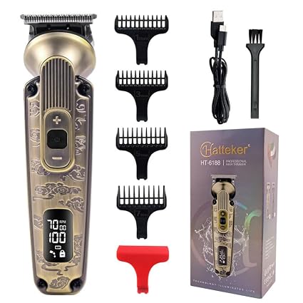 Hatteker Men Ht-6188 Premium Metal Body 0 Gapped T-Blade Outlining For Barbers 0Mm Shape Up 3 Speed Motor 6000-7000Rpm Ipx6 Waterproof Usb Type-C Charging Led Display Travel Lock, Gold