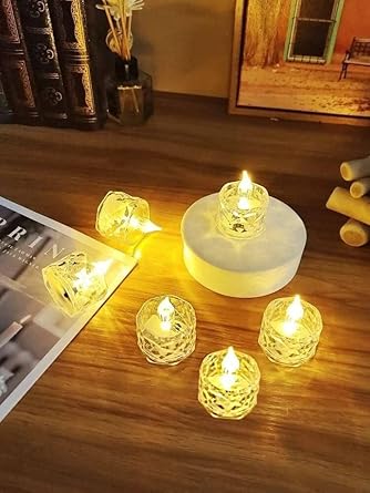 Desidiya® Flameless LED Tea Light Candles: Set of 6 Transparent Acrylic Decorative Candles | Smokeless | Perfect for Christmas, Festivals | Vibrant Yellow Glow