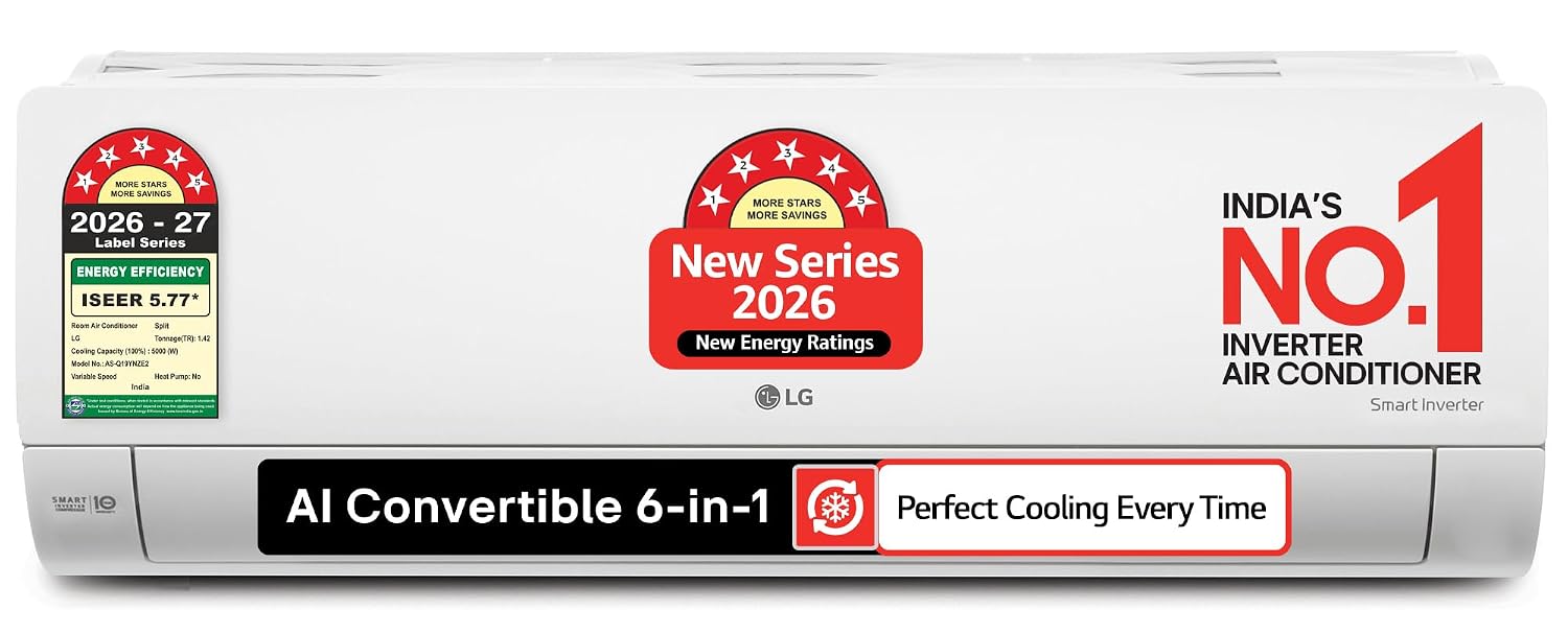 LG 1.42 Ton 5 Star, 5000 W Cooling Capacity, Smart Inverter Split AC (Copper, AI Convertible 6in1, Faster Cooling & Energy Saving, 4 Way Swing, HD Filter with Allergen Protection, AS-Q19YNZE2, White)