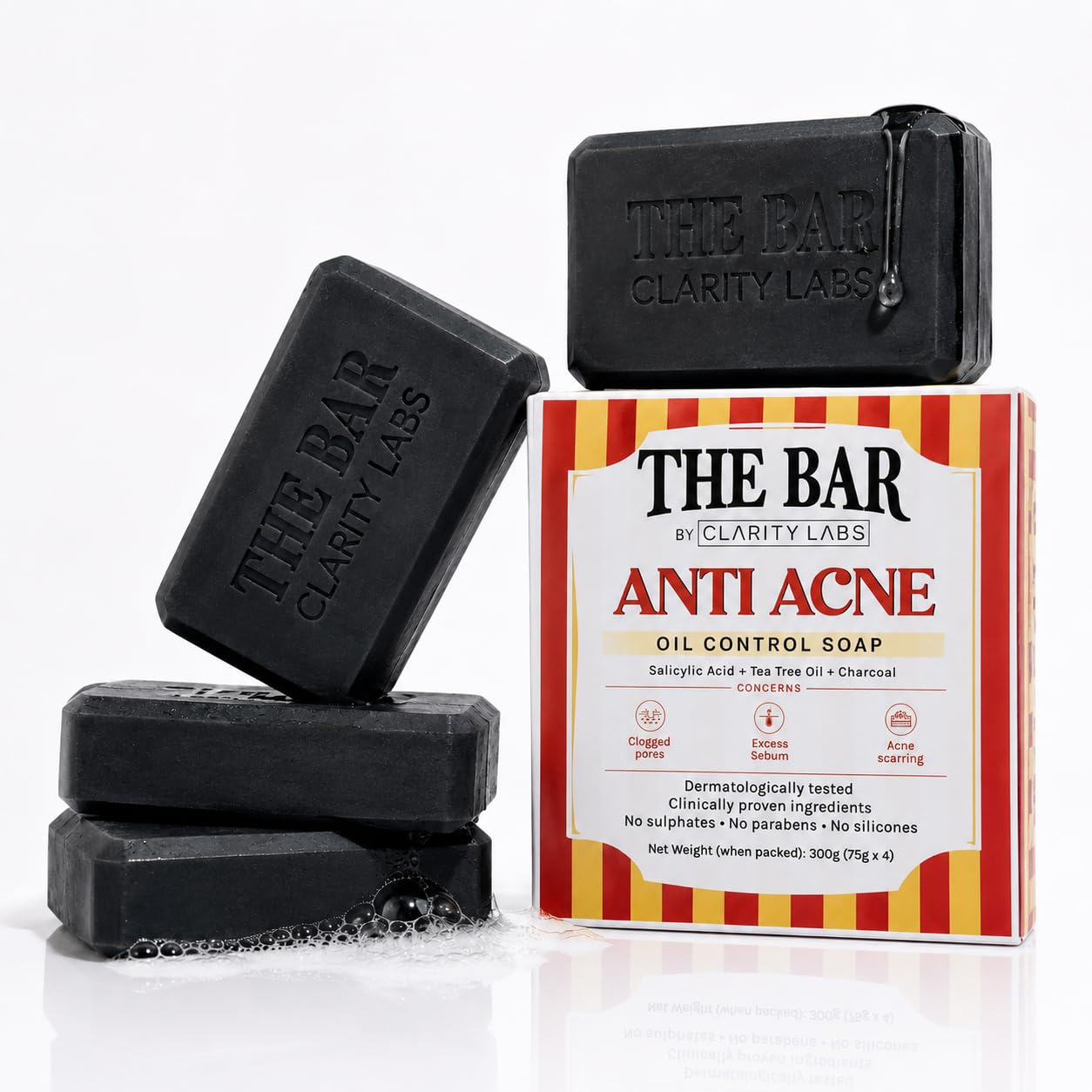 Clarity Labs | ANTI ACNE SOAP | (Pack of 4) | SALICYLIC ACID | Tea Tree Oil | Charcoal | Oil Control for Pimples | Dark Spot Removal | Unclogs Pores | Regulates Sebum | Reduces Acne-Prone Build Up