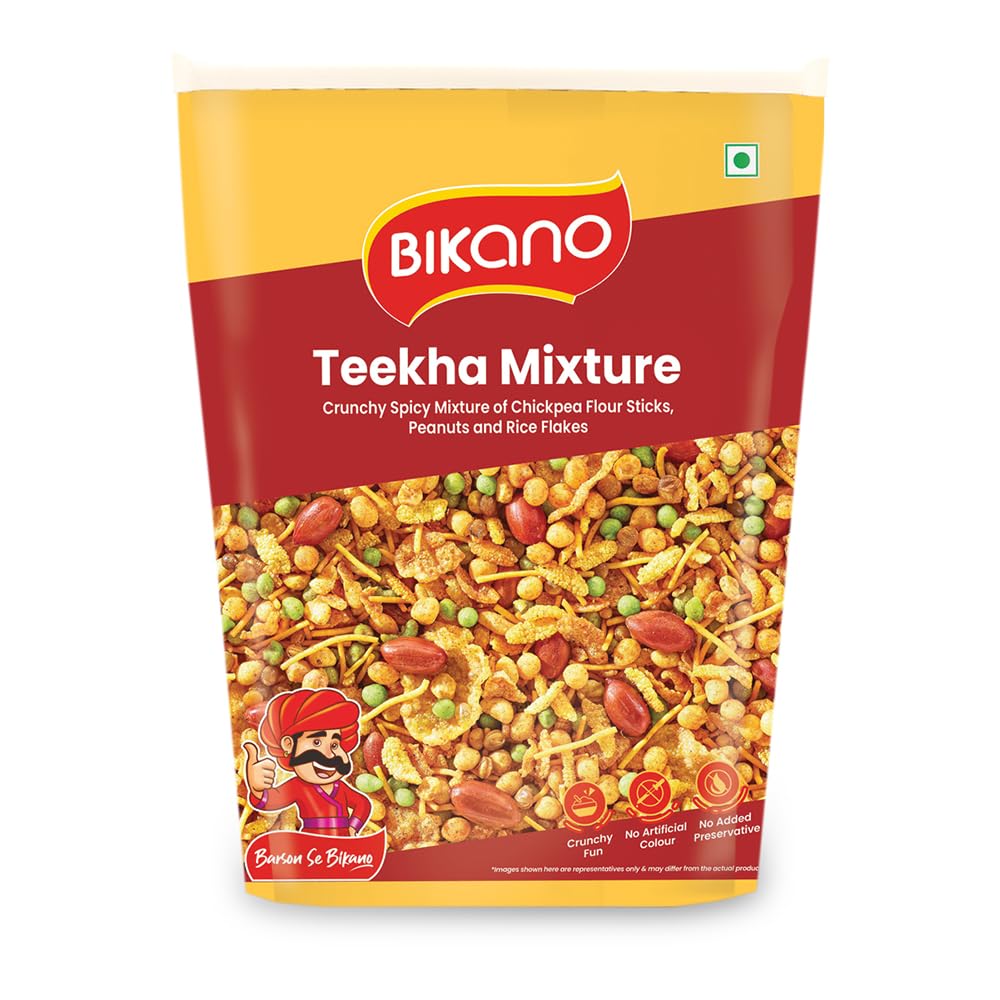 Bikano Teekha Mixture | Spicy Indian Namkeen Snack | Crunchy Mix with Peanuts, Corn Flakes & Spices | Perfect Tea-Time Snack (Spicy Mixture) - 800g