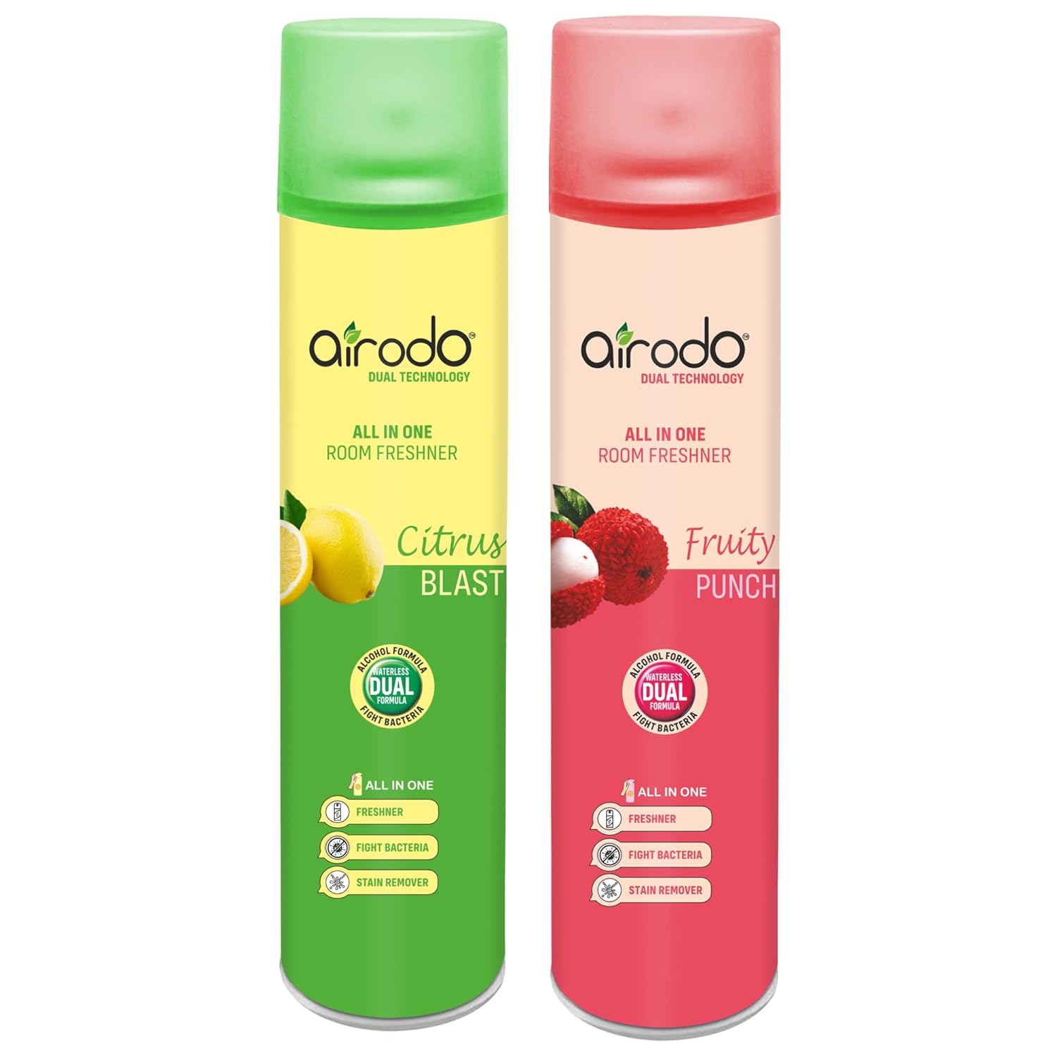 Airodo Citrus Blast and Fruity Punch Air Freshener with Dual Technology,Easy Push and Spray, All in One Room Freshener for Home and Office Last Up to 30 Days (250ml, Pack of 2)