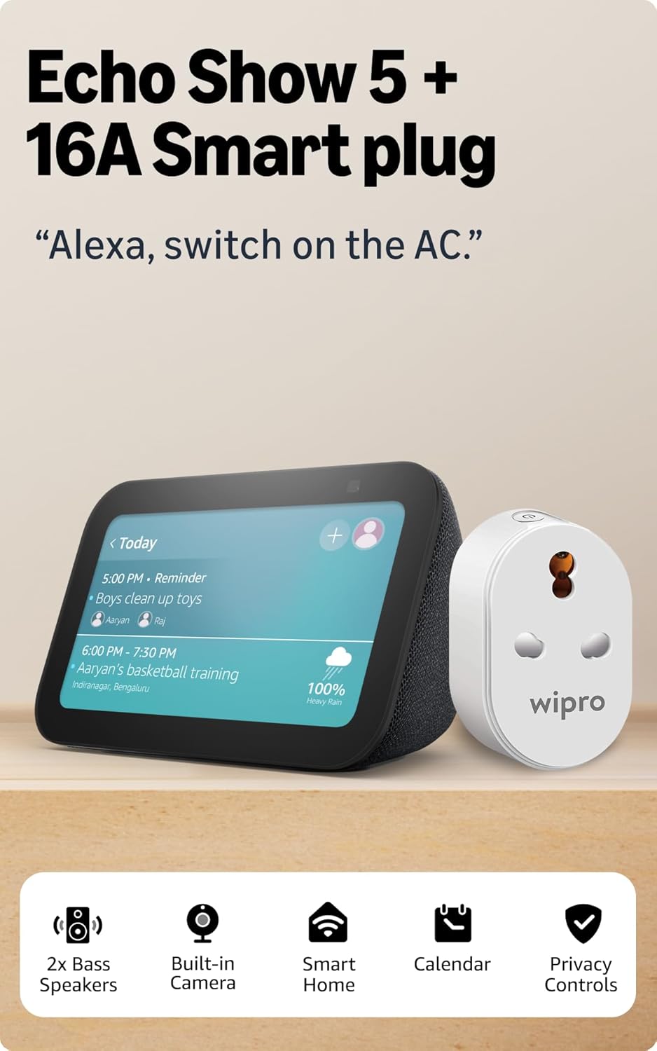 Amazon Echo Show 5 (Charcoal) | Smart display with Alexa, 2x Bass Speaker, combo with wipro 16A smart plug