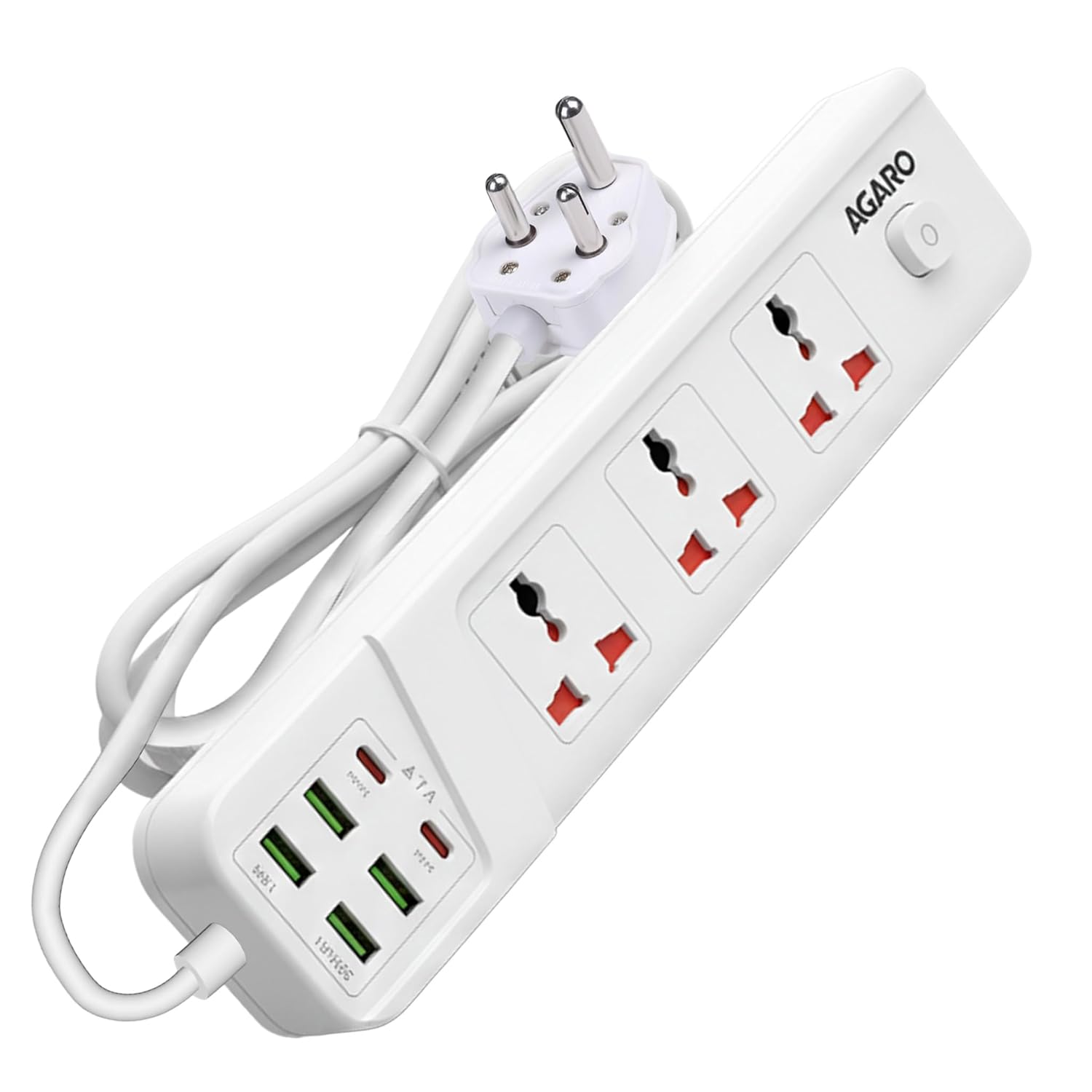 AGARO Regal Extension Board, Power Strip, 3 Universal Sockets, 4 USB + 2 Type-C Fast Charge, 2500W, 6ft Heavy-Duty Cord, Overload & Surge Protection, Master Switch, Multi-Device Charge for Home/Office