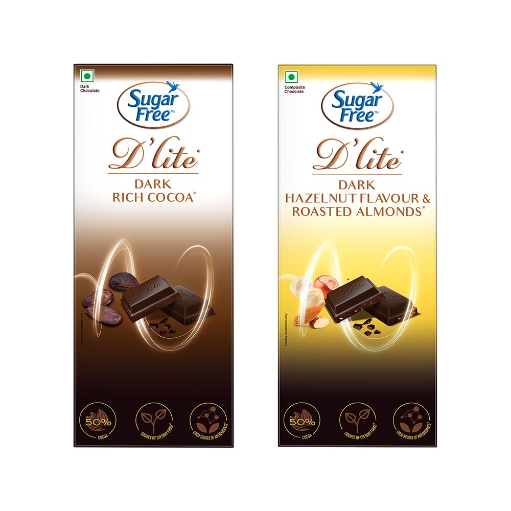Sugar Free D'Lite Dark Chocolate Combo | Hazelnut & Almonds (80g) | Rich Cocoa (80g) | No Added Sugar | Keto Friendly & Vegan | Gluten Free | Guilt Free Extreme Delight with 50% Cocoa