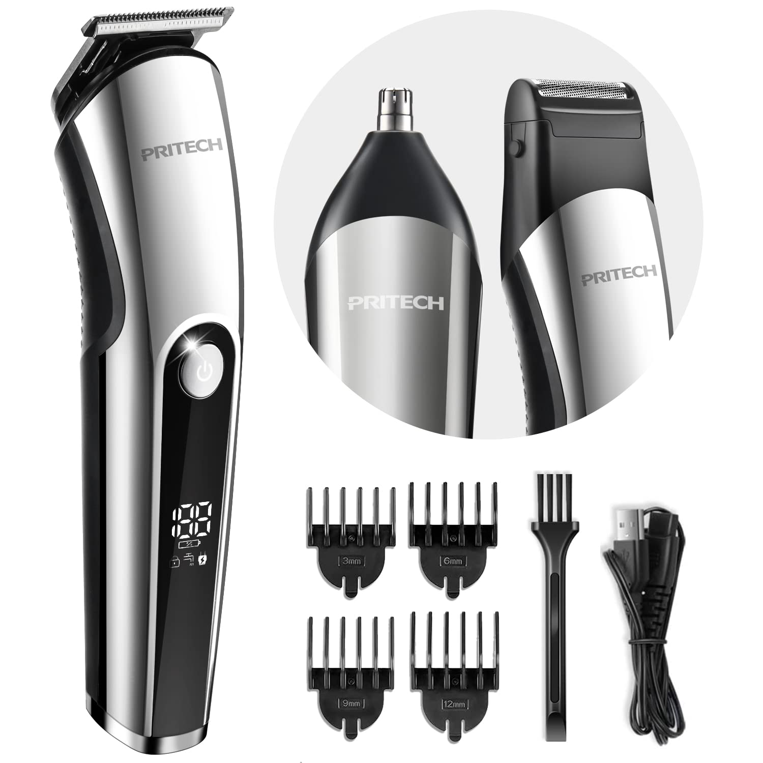 Pritech Hair Clippers for Men, Nose Trimmer, Micro Shavers 3 in 1 Men's Care Kit Wireless Rechargeable Electric Hair Trimmer with LED Display and T Cutting Head, IPX6, Black