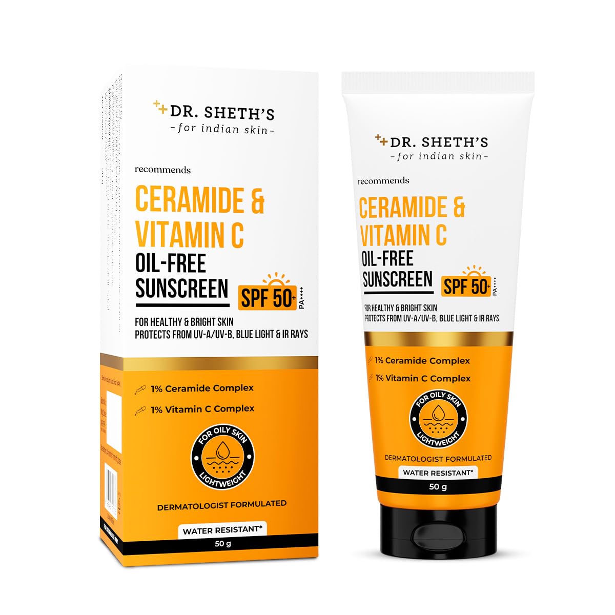Dr. Sheth's Ceramide & Vitamin C Oil-Free Sunscreen SPF 50+ PA++++ | With 2% Vitamin C Complex, 1% Ceramide | In-Vivo Tested | For Healthy & Bright Skin | Lightweight & Non Greasy | For UVA/UVB & Blue Light & IR Protection | No white cast | For Oily Skin | For Men & Women | 50 g