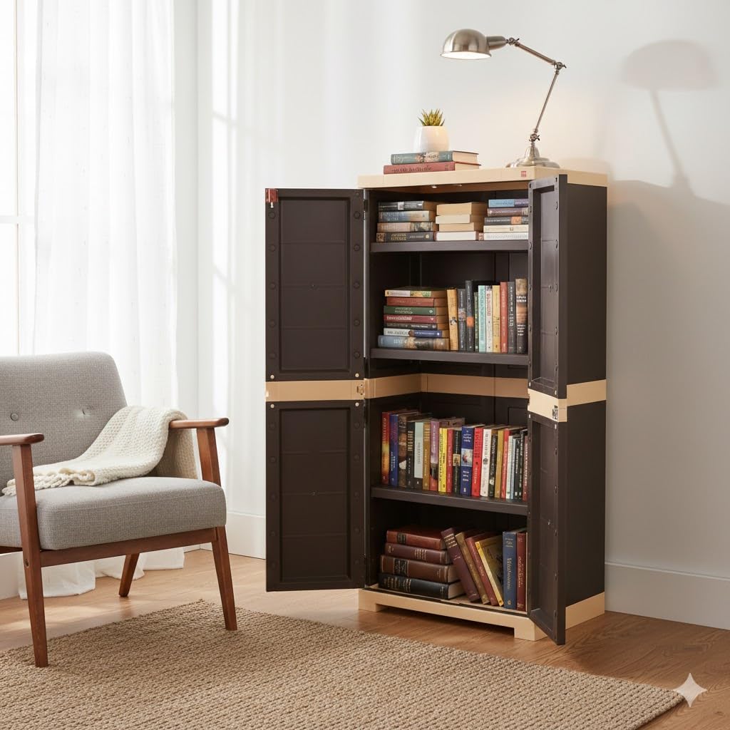 Cello Novelty Big Bookshelf, Brown & Beige | 2 Dustproof Doors | Space Saving Cupboard | Plastic Book Shelf | Multipurpose Book Shelf for Home, Office | Book Organizer for Library